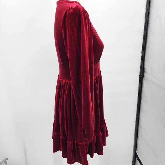HALARA Deep V Neck Ruffled Hem Velvet Cranberry Red Mini Party Dress XS NWT - Picture 10 of 11